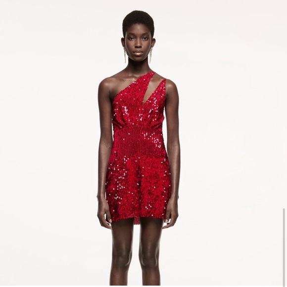 NWT Zara Red Sequin & Velvet One Shoulder Body Con Dress - Picture 14 of 14